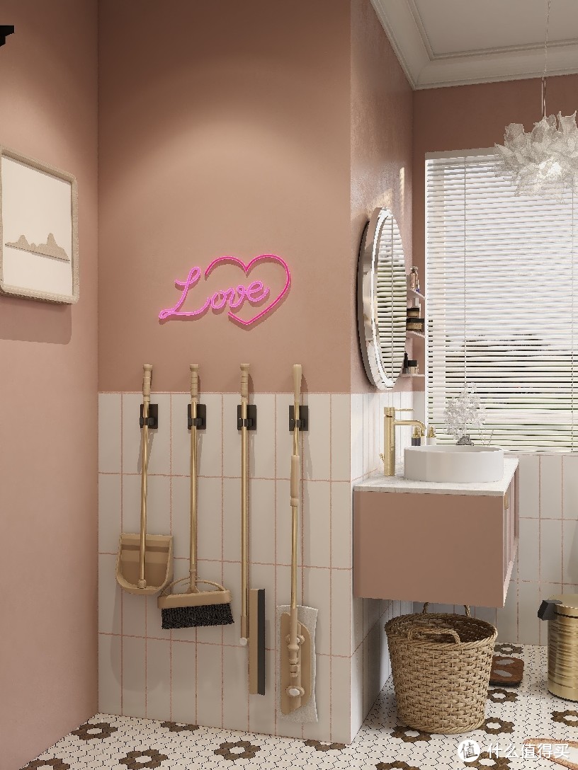 粉色少女心小空间浴室：要不要装电热毛巾架？