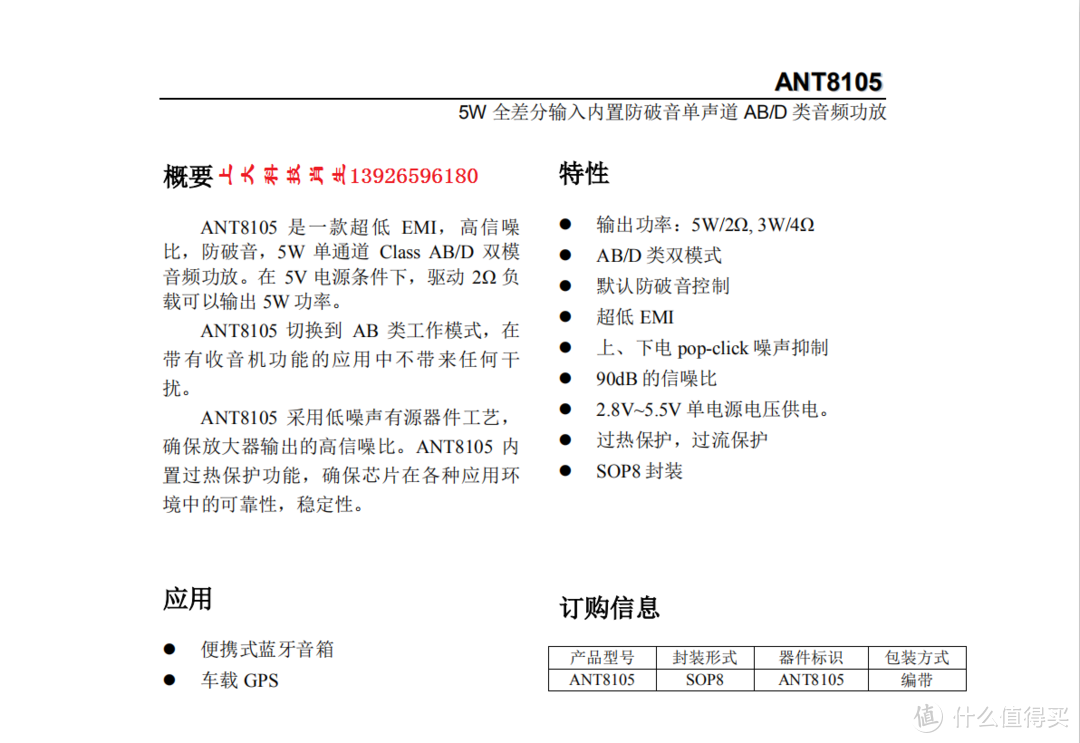 ANT8105功率5W全差分输入内置防破音单声道AB/D类音频功放