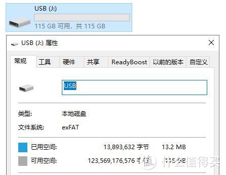 可用容量是115G，默认的文件系统是exFAT格式的。