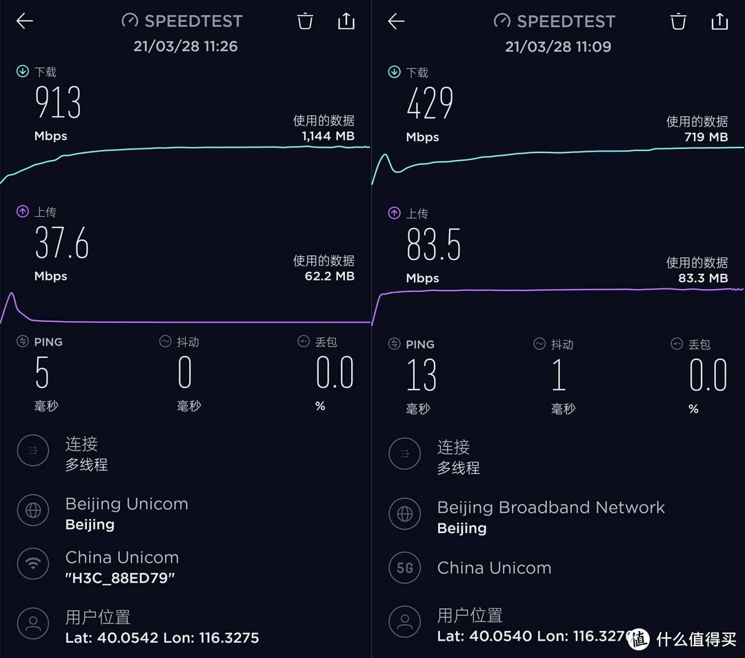 一加9ProWi-Fi6环境测试(左)，5G环境测试（右）