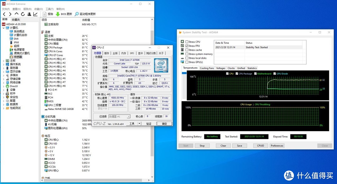 1.15V 4.5G下AIDA64 FPU负载10分钟82度