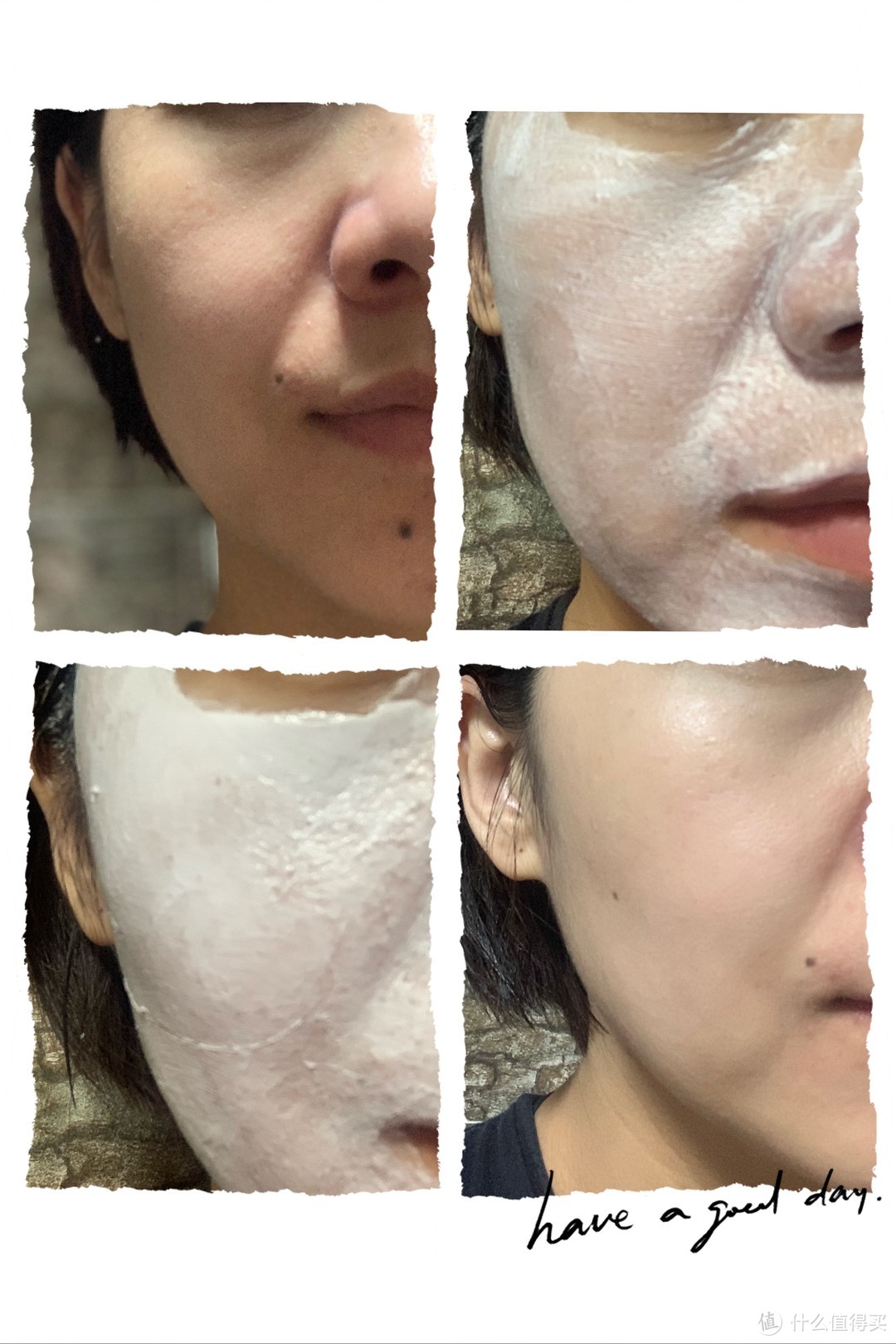 分别为洗脸后无护肤（左上）、第一遍薄涂（右上）、第二遍厚涂（左下）、30分钟后清洗掉面膜无护肤（右下）。