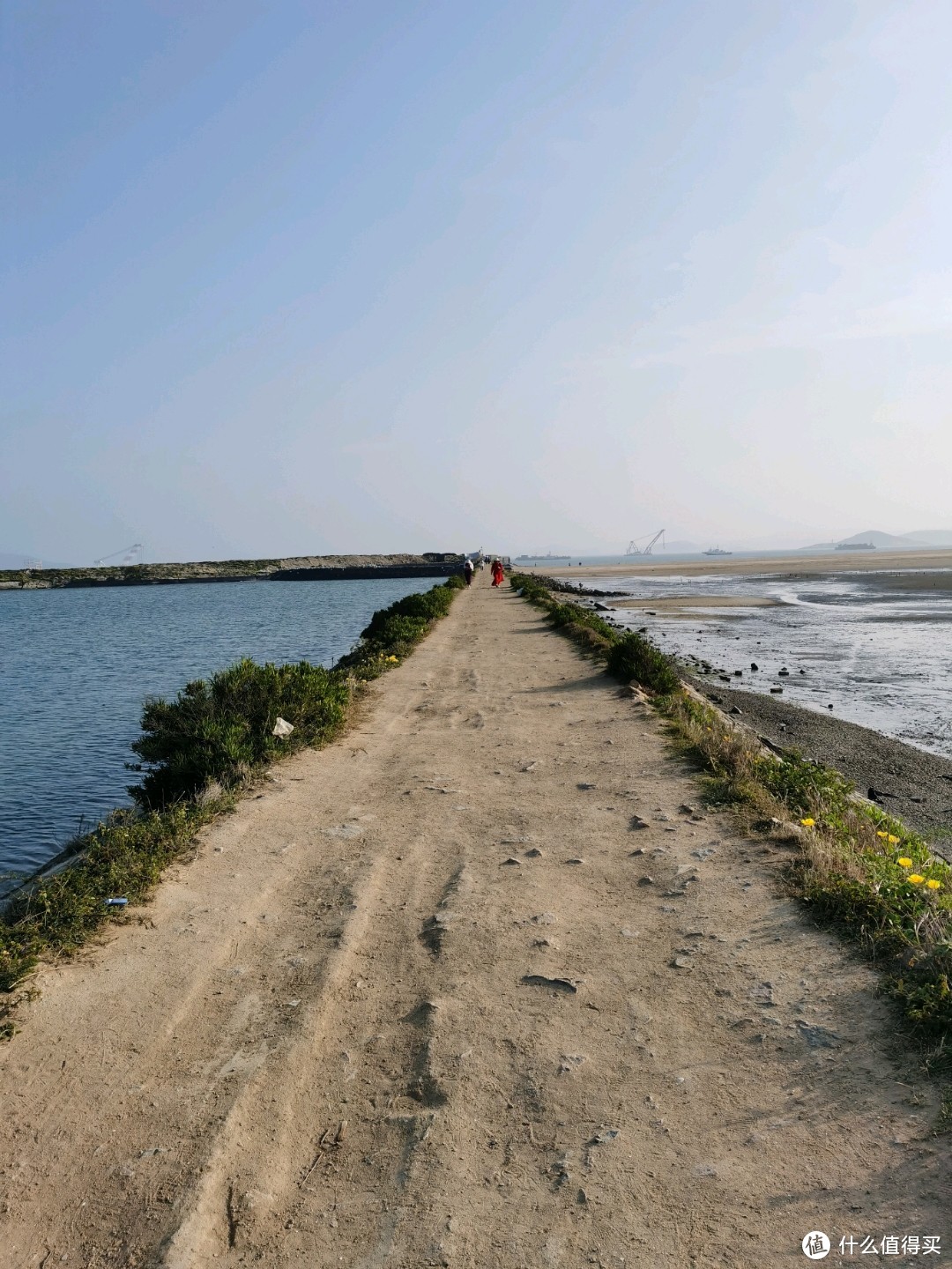 先要走过一段土路，左边是水产养殖，右边是滩涂。