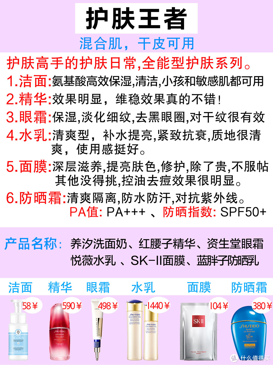   超全护肤推荐最低6.8元，针对油皮，干皮，敏感肌，混合肌