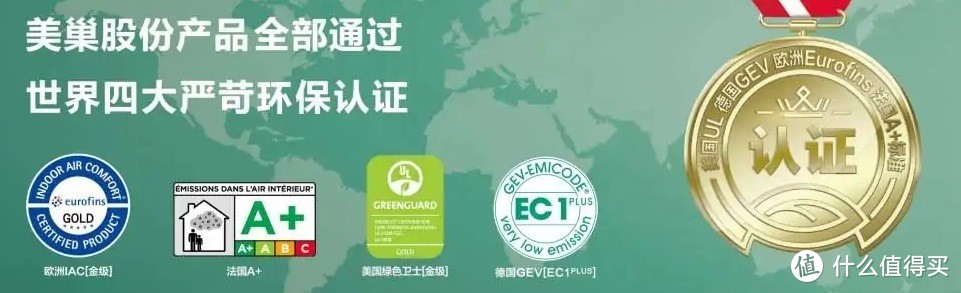 图里是常见的几个欧美认证，欧陆IAC、法国A+、美国绿色卫士……其他还有芬兰M1和大名鼎鼎的（被销售吹上天的）德国蓝天使等等。这是美巢的宣传，他们家墙面辅料做的不错。挑选时候记得具体看产品的认证并且谨防假冒。