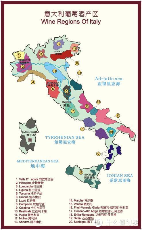 （意大利分为20个省，每个省都有自己的特色产区和当地品种，发音复杂，品牌集中度差，但平均酒质很好，各有特色）