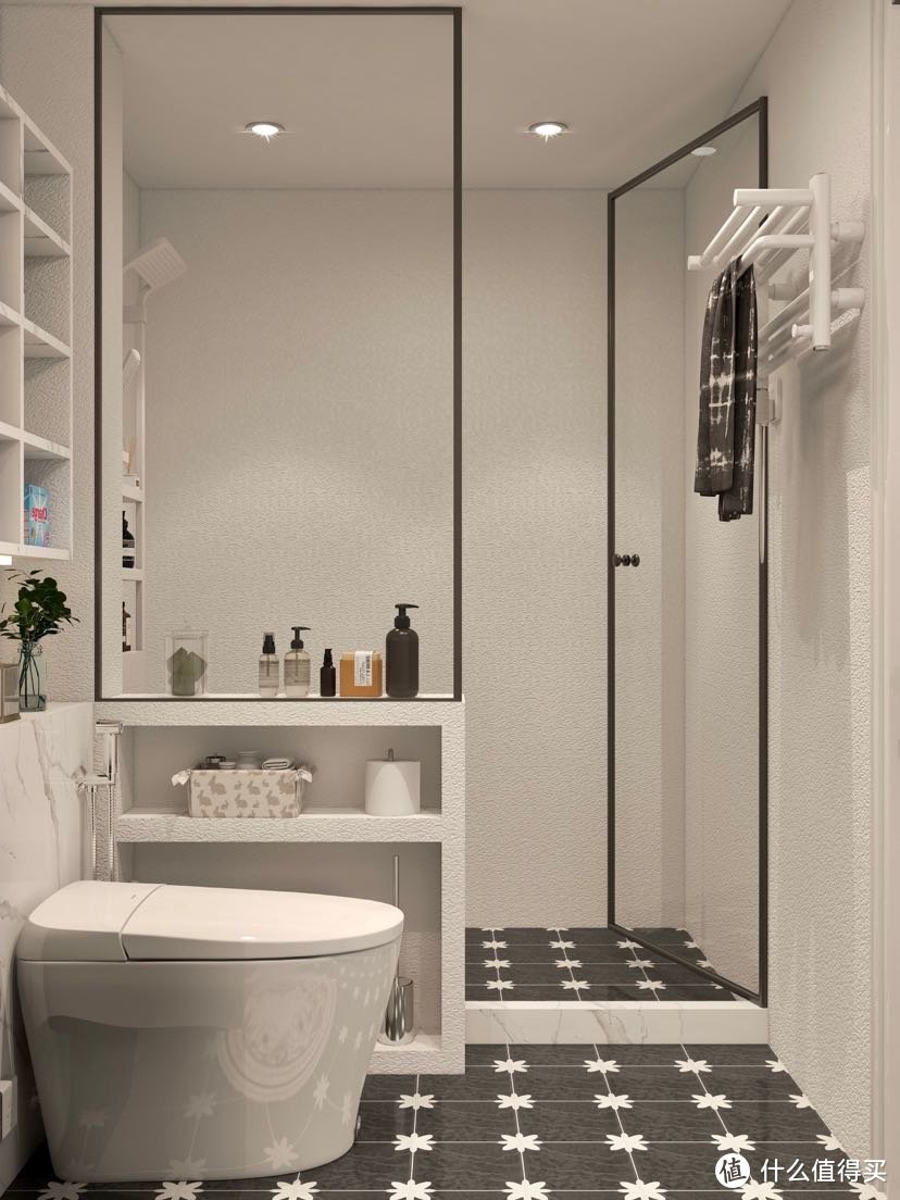 质感黑白浴室 复古花砖 选对智能马桶幸福up