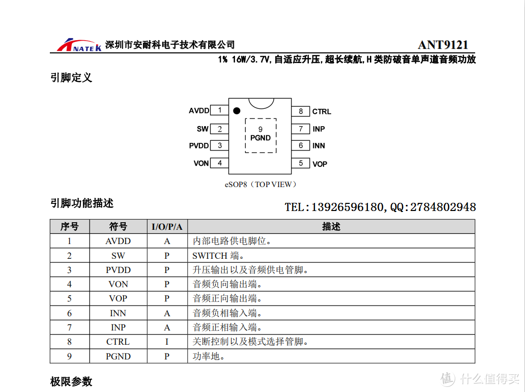 ANT9121自适应升压16W/3.7V，超长续航H类防破音单声道音频功放