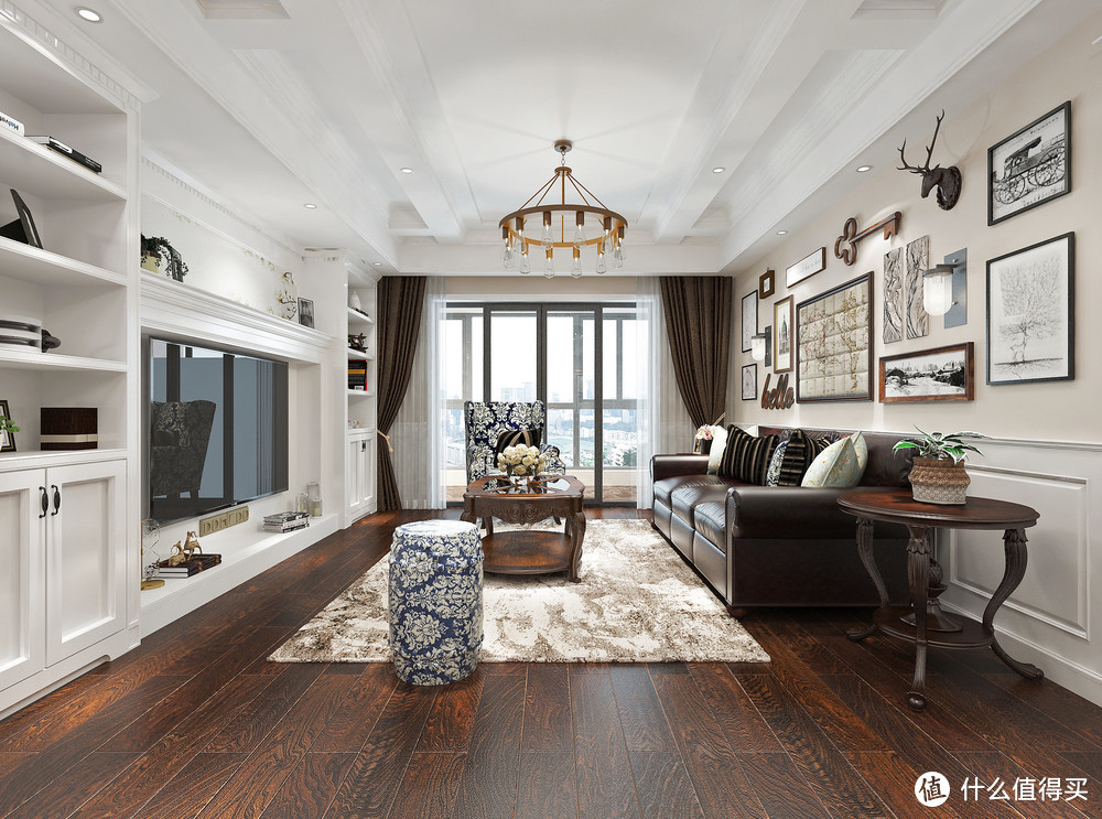 118平米的美式风格，客厅造型好看又不复杂，耐看又显精致还实用