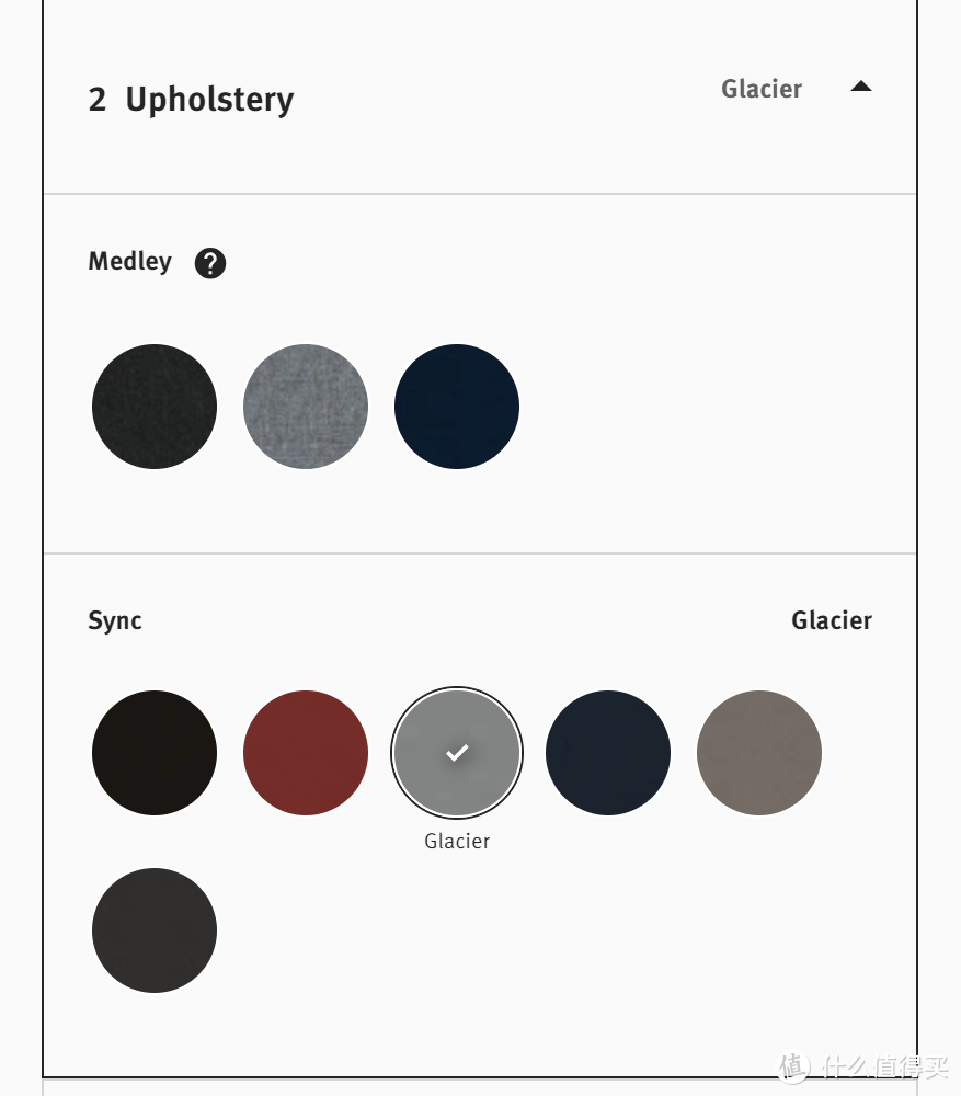 ↑ 国内用Sync面料的椅子只有罗技联名款可选且只有一种颜色，而HM美国官网有6种Sync面料的颜色可选，但奇怪的是官网当前仅提供M料和Sync料，R料和B料都不可选，有值友评论说HM已经开始计划停用B料了，后续顶级面料只有Sync可选了。