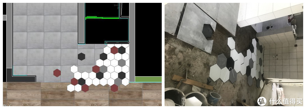 理想与现实，画的图和实际上还是不一样的，而且没有棕色，最后只用了黑白灰三个颜色的六角砖，和方砖的嵌套，全靠师傅现场手工打磨，厂家不愿意给做，说容易尺寸做得不对，所以就尽可能地少嵌套吧。