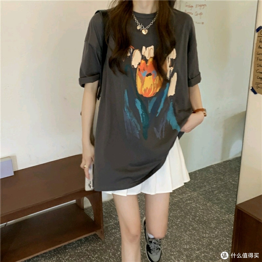 中长款短袖T恤女夏季韩版宽松设计感
