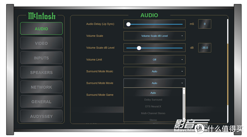 进入“音频”板块，可以分别为音乐、电影和游戏选择环绕声模式。Audio Delay音频延迟（唇音同步校正）功能的作用在于纠正观众听到的对白与演员嘴形不同步的延迟现象