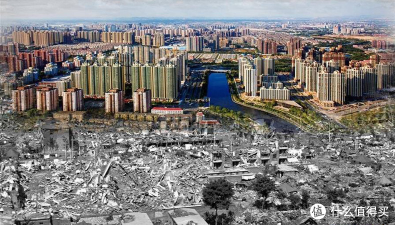 来源：凤凰网，上为2016年的唐山市区，下为震后的唐山