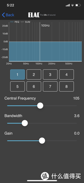 APP中共有8段PEQ可调，你可以选定20Hz-500Hz内的任一中心频率和频宽，对特定频段的增益进行调整