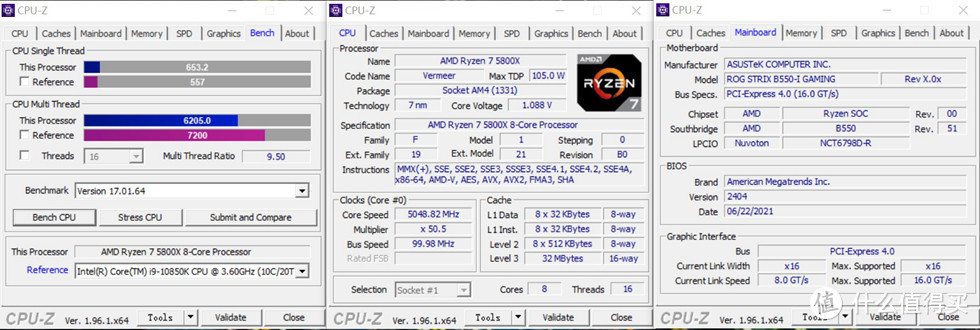 cpu-z 测试 zen3 5800x 单核 653.2 多核 6205