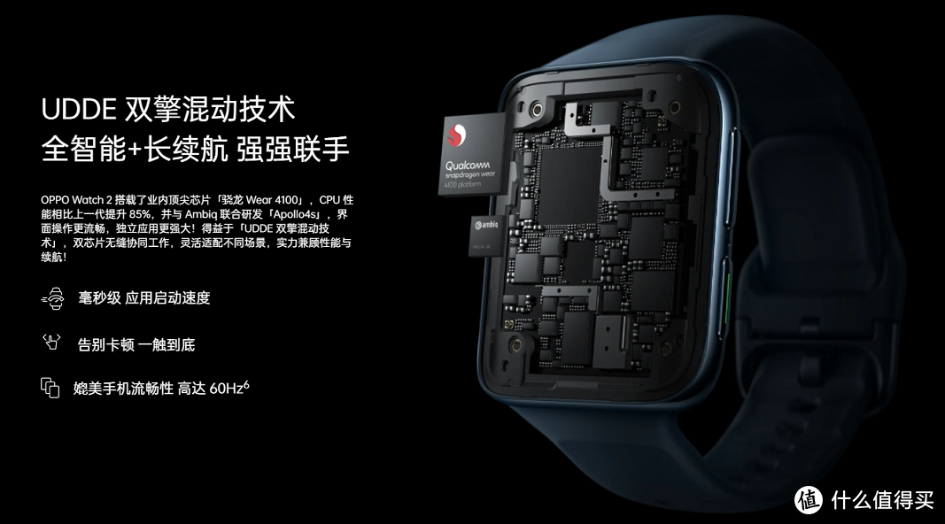 OPPO Watch 2系列搭载高通4100高性能芯片及Apollo4s低功耗运动表芯片，同时也采用了UDDE双擎混动技术，让智能性和续航性得以兼容