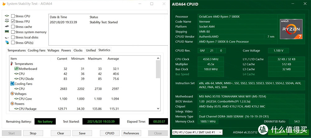 AMD R7 5800X 处理器 AIDA64(单钩FPU) 满载测试 温度表现（默频默压）