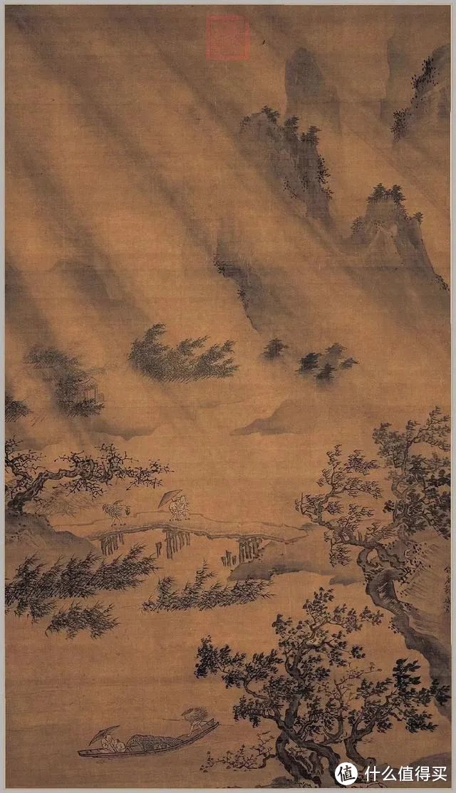 明朝戴进所作的《风雨归舟图》中，近处树木与芦苇交错生长，远处山川在漫出的雾气中若隐若现。 ©台北“故宫博物院”