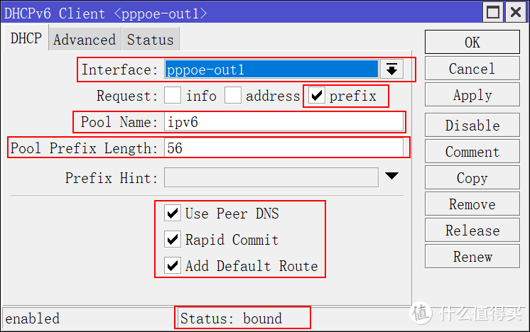 Interface选你的PPPOE名字，然后prefix(前缀)勾上，Pool Name（地址池名字）自己随便起，Pool Prefix Length（前缀长度）这个填56或者60，我所在的移动56就能获得地址，有些地方可能要60，然后下面的USE PEER DNS意思是使用运营商提供的DNS服务器，第二个快速确认选上，第三给添加到缺省路由也选中，然后点右边的Apply应用，如果前缀值正确的话会显示状态栏Status:Bound，如果不正确就换个值再应用