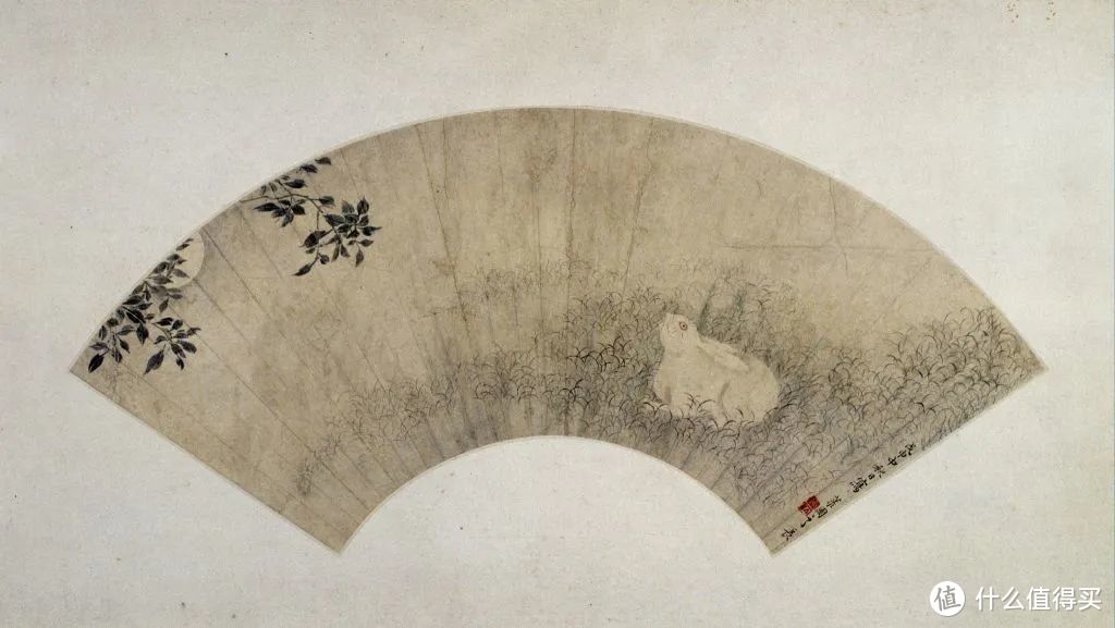 清代李世倬《桂花月兔图》，画中一只白兔仰视着被桂树遮掩的半个月亮。©台北“故宫博物院”