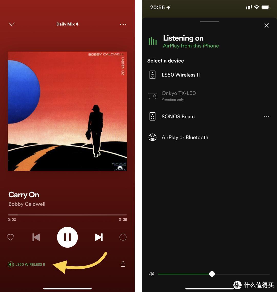 通过Spotify Connect串流播放时在界面左下角有设备名称，如果时AirPlay则仅显示AirPlay字样