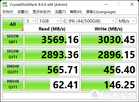 CrystalDiskMark测一下SSD1的C盘速度。