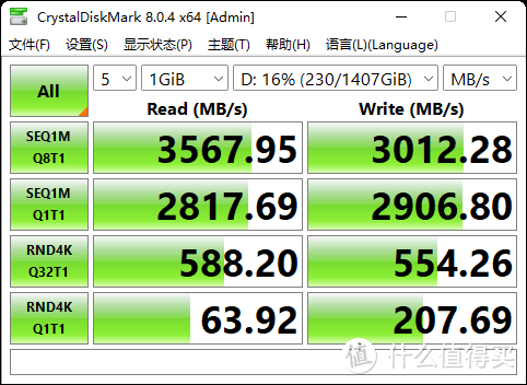 CrystalDiskMark测一下SSD1的D盘速度。
