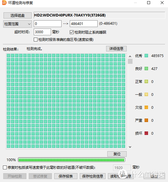 西数4T优秀柱面485975，良好柱面427。