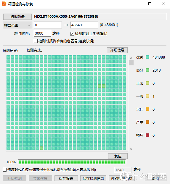 希捷4T优秀柱面484388，良好柱面2013，一般柱面1。