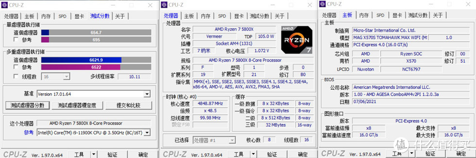 CPU-Z 测试单核 654.7 多核 6621.9