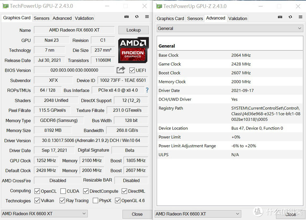 讯景 XFX AMD RADEON RX 6600XT 海外版 OC 显卡的 GPU-Z 信息