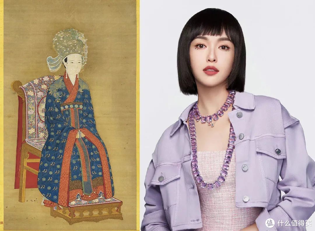 （左边）妆珍珠点翠宝靥的《宋钦宗皇后像》 ©网络 （右边）眼角贴面饰的艺人 ©施华洛世奇