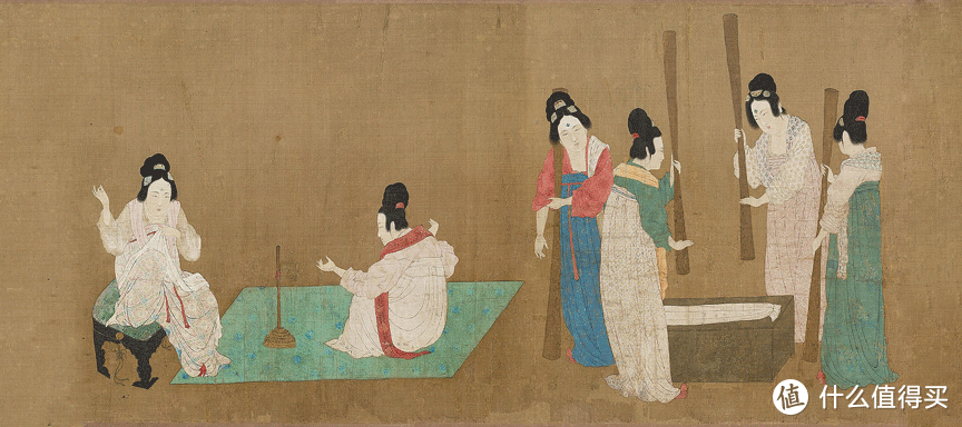 唐代名画《捣练图》描绘了唐代官营丝绸作坊中妇女在捣练、络线、熨平、缝制的劳作场景。原藏于圆明园，后因战火流失海外。©波士顿美术博物馆