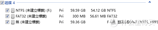勾选整个盘，这里可以看到最后的那个59.36G的分区显示不出来已用空间，分区类型也是有问题的，HPFS分区无法正常地被Windows识别出来。