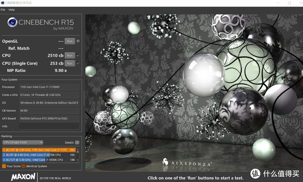 CineBench R15 测试单核 253；多核 2510