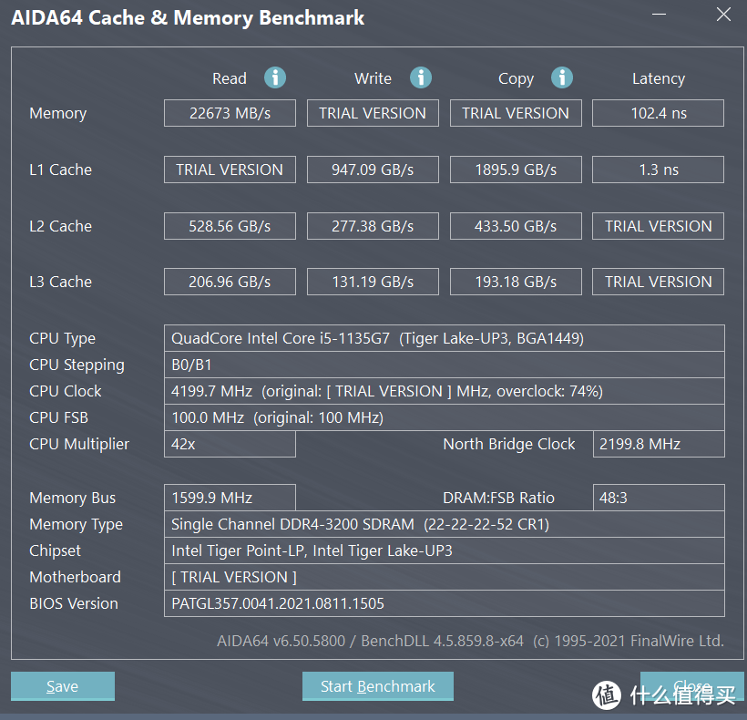 Memory Benchmark试用版本测速只能看到22673M/S写入应该差不多，复制再减速，和台式机内存没法比。