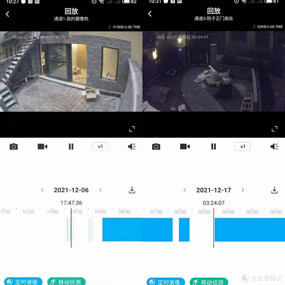录像因为停电没有路上，左侧为白天录像，右侧为夜间录像情况，清晰度均能够满足需求