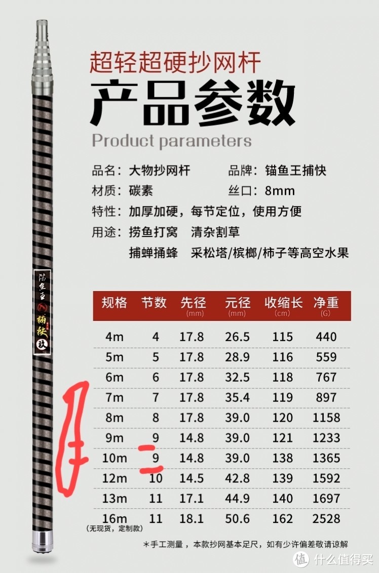 没见过吧！超10米长的超长网兜杆/加长伸缩碳素抄网杆超硬10/13米长割草捞鱼打窝采摘果抄鱼网竿