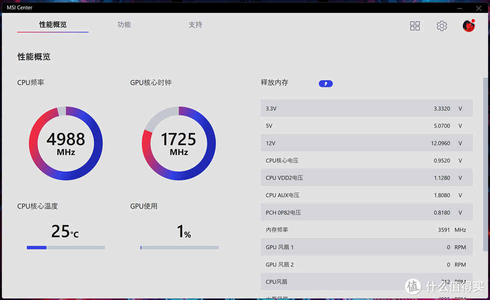 系统激活之后通过最新的MSI Center软件也可进行操作设置，软件操作界面简单易懂。通过MSI Center软件可以查看电脑各硬件工作状态，调节RGB灯光效果，一键调节主机工作状态等功能。需要提及的是，主机酷炫的炫镜轮功能是需要搭配MSI Center才能正常使用的。