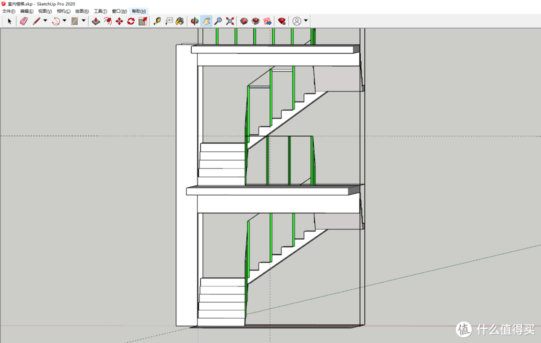 这是它设计中的样子，我自己设计的，用SU也就是草图大师画的（自学的），图上的绿色的是打算以后做包覆楼梯内部的支撑钢管
