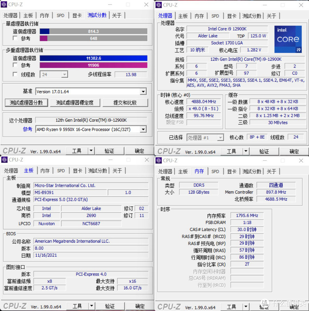 CPU-Z 测试12900K的单核成绩为814.3，多核成绩为11382.6