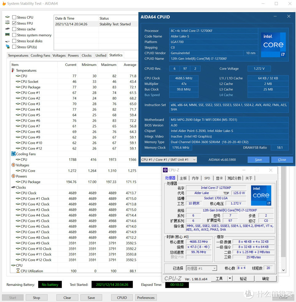 12700KF单烤FPU测试10分钟，默认状态下最高77度，频率在全大核4.7G，小核心3.6G，功耗200W左右