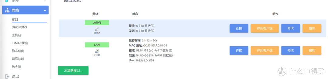 我这里设置了IPv6，所以有两个接口，建议大家不要设置，并且iKuai也关闭内网的IPv6，开启之后会出现一些问题，暂时不太好解决。