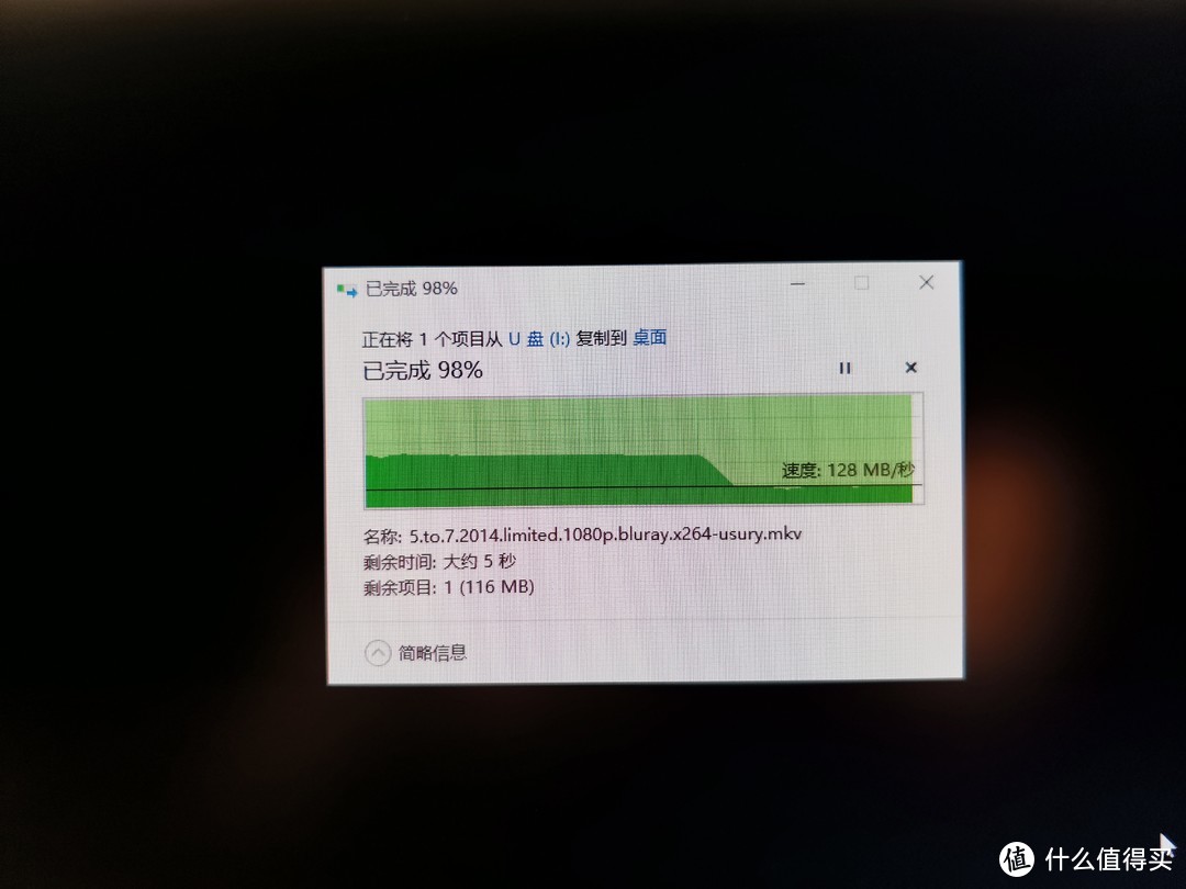 后段速度明显下降，读取速度在128M左右，当然，这应该不是U盘的问题，可能是电脑端SSD的性能所致，SSD的写入性能成为了短板。电脑端的SSD是128g的浦科特。