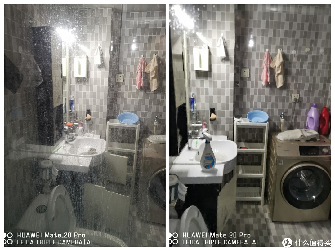 对浴室的玻璃进行清洁，清洁前后对比明显，效果良好，连铜绿都可去除