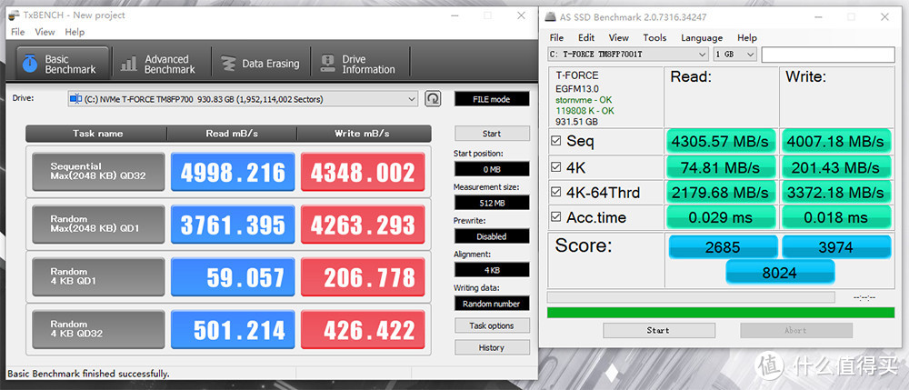 十铨 C440 PCIe4.0 M.2 1TB TxBENCH(左)、AS SSD Benchmark(右) 测试成绩