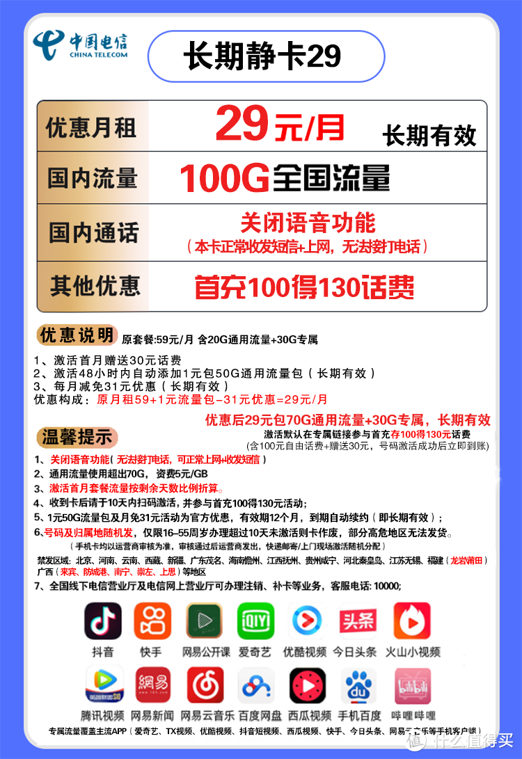 手机卡懂哥：电信长期静卡-限时回归，永久29包100G流量卡。这卡到底值不值？大家看我详细评测+网厅验证