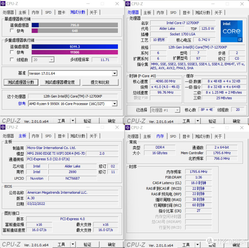 12700KF在Z690刀锋钛上测试CPUZ单核795分，多核9311.3分，12代的单核成绩终于硬核了