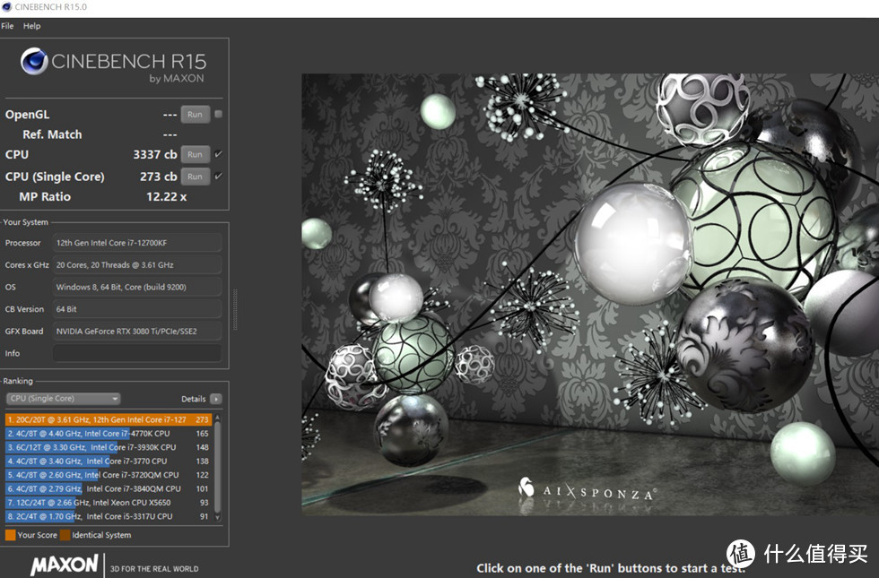 CineBench R15 测试成绩单核 273，多核3337